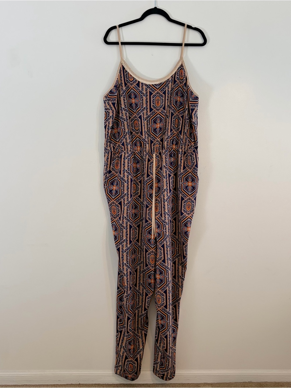 Forever 21 Geometric Print Spaghetti-Strap Jumpsuit in Navy and Tan